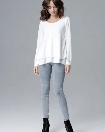 Bluza dama  bej, maneci lungi, decolteu semicircular, volan, Bej