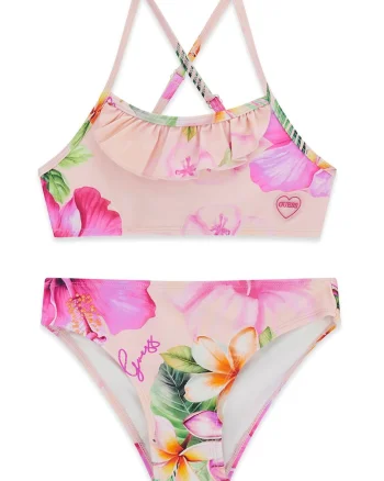 Costum de baie in doua piese cu model, Piersica/Roz