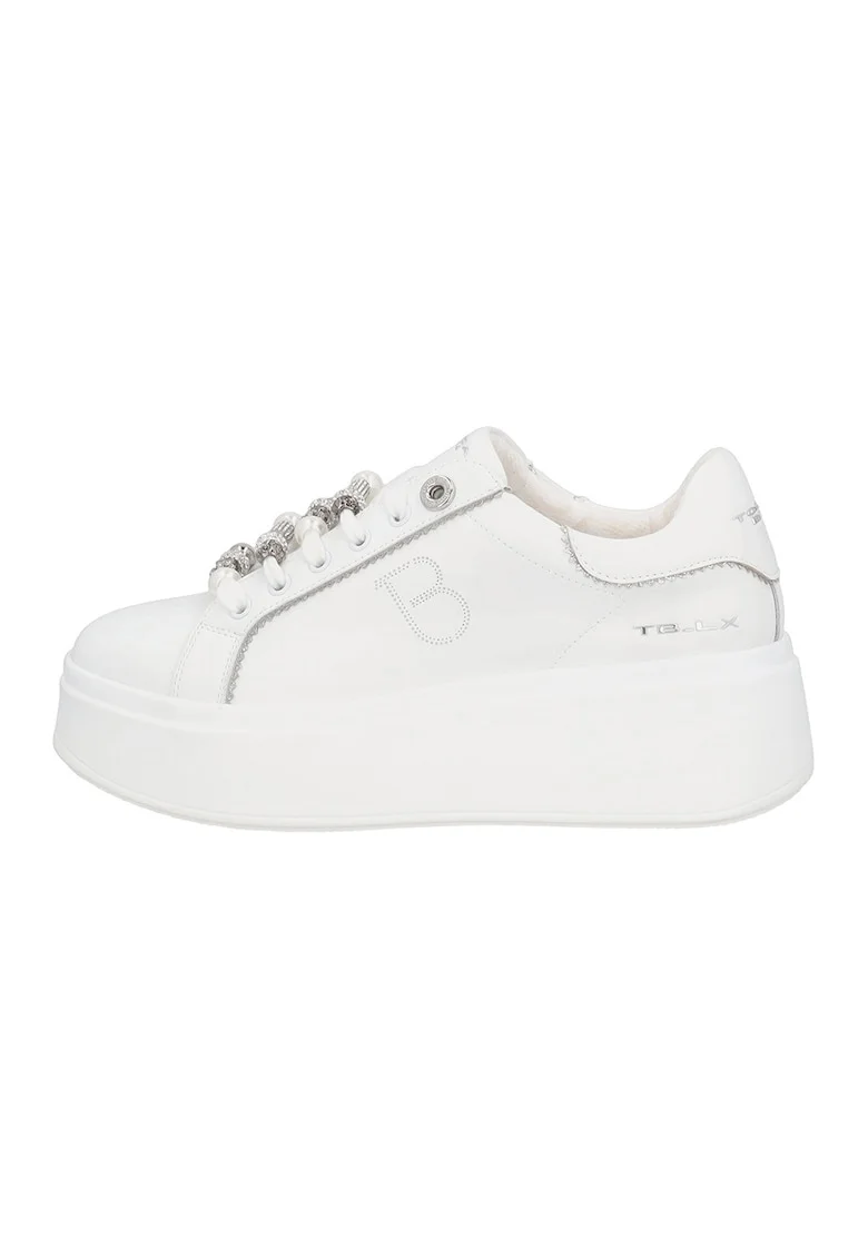 Pantofi sport din piele si piele ecologica, Alb/Argintiu