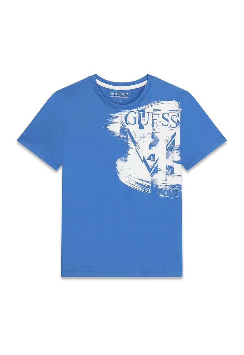 Tricou cu decolteu la baza gatului si imprimeu logo, Albastru deschis