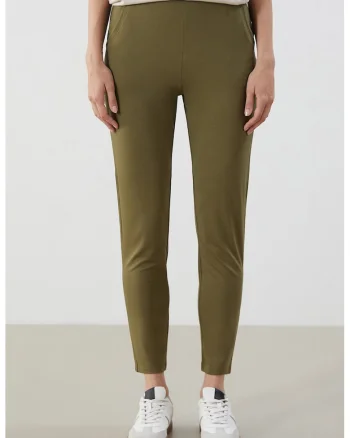 Pantaloni crop cu croiala slim-fit si talie elastica, Verde masliniu inchis