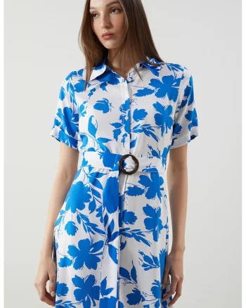Rochie scurta cu imprimeu floral, Alb/Turcoaz