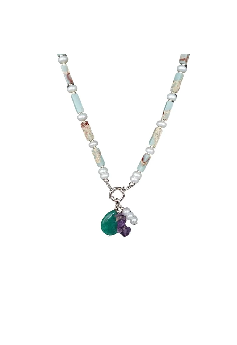 Colier din jasp imperial si perle discuri cu pandantiv din ametist, perle si aventurin cu accesorii si sistem de inchidere din argint rodiat