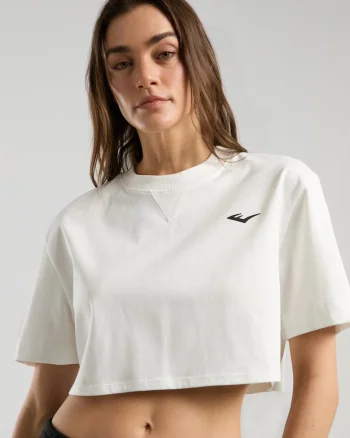 Tricou oversized scurt de dama si imprimeu cu logo pe spate, Alb, Alb