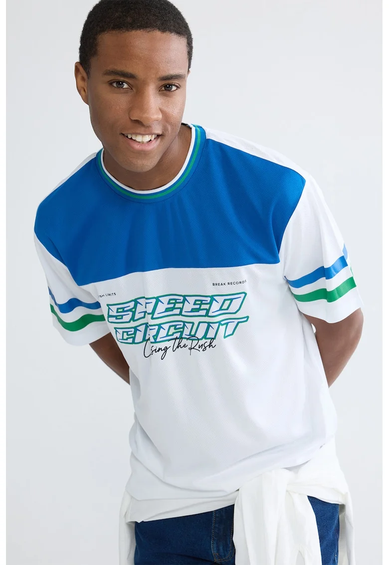 Tricou lejer cu imprimeu, Alb/Albastru