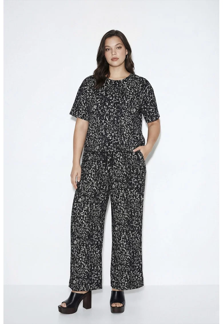 Pantaloni drepti cu model, Alb murdar/Negru antracit