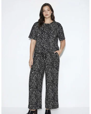 Pantaloni drepti cu model, Alb murdar/Negru antracit
