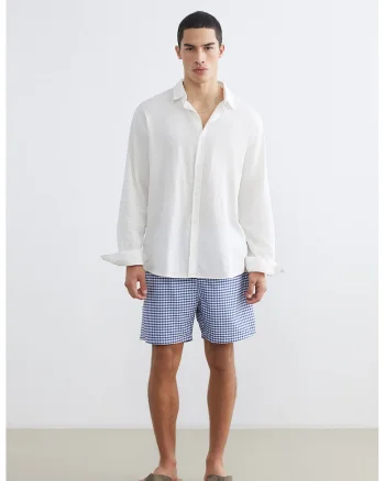 Pantaloni scurti cu snururi si model in carouri, Alb/Bleumarin