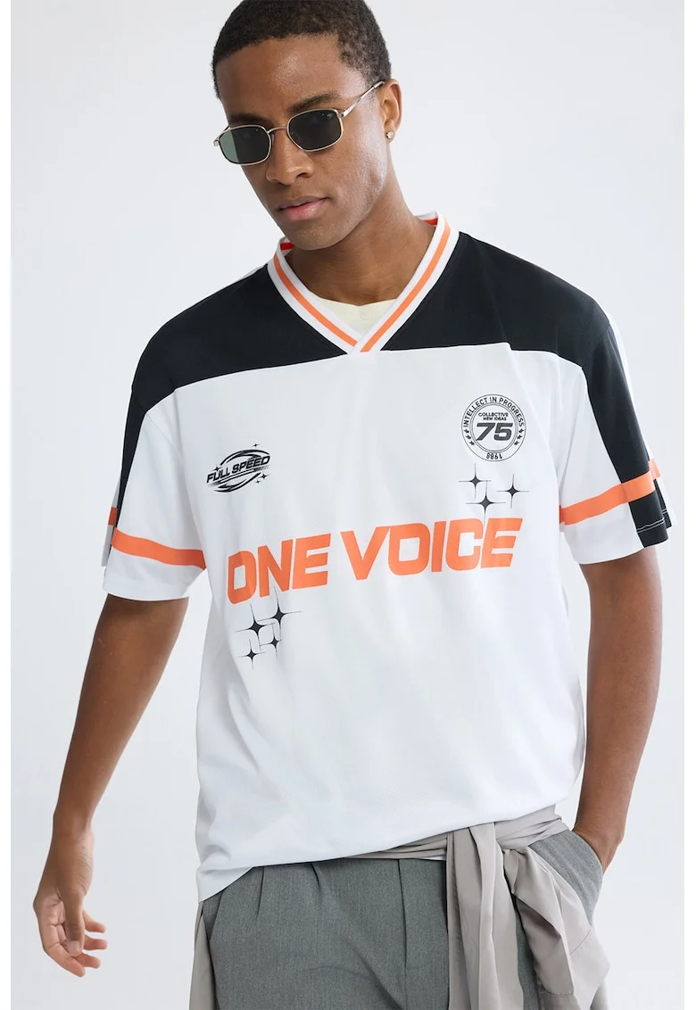 Tricou supradimensionat cu decolteu in V, Alb/Negru