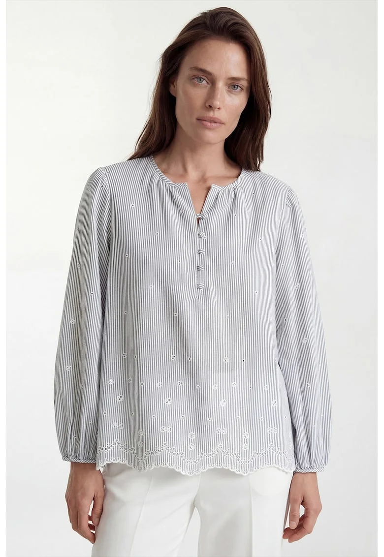 Bluza cu broderie florala si dungi, Alb/Albastru prafuit
