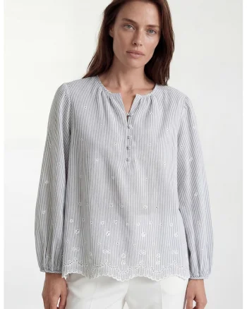 Bluza cu broderie florala si dungi, Alb/Albastru prafuit