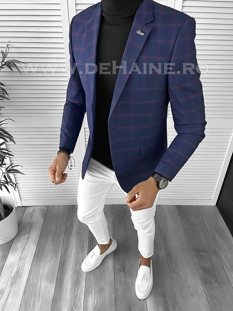 Sacou barbati slim fit bleumarin in carouri B9752 P18-1.1
