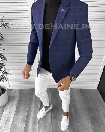 Sacou barbati slim fit bleumarin in carouri B9752 P18-1.1