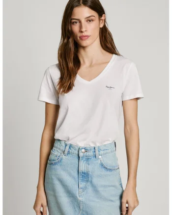Tricou din bumbac cu decolteu in V, Alb