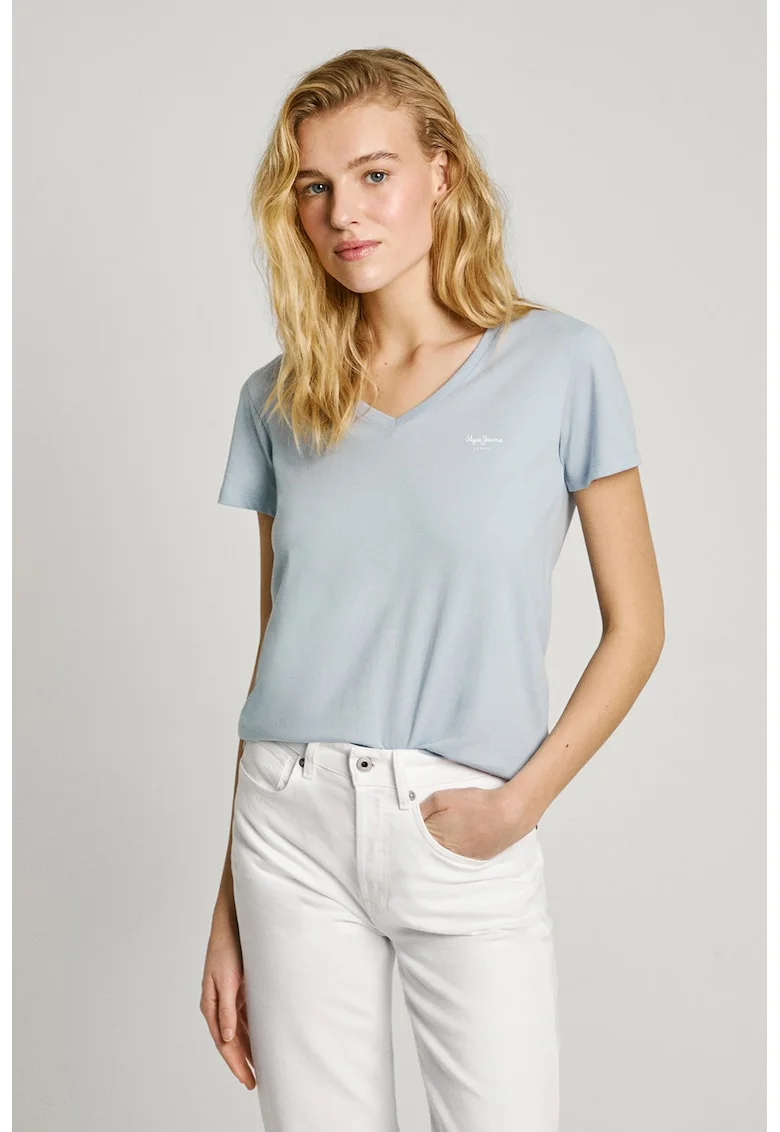 Tricou din bumbac cu decolteu in V, Albastru pastel