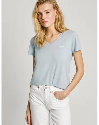 Tricou din bumbac cu decolteu in V, Albastru pastel