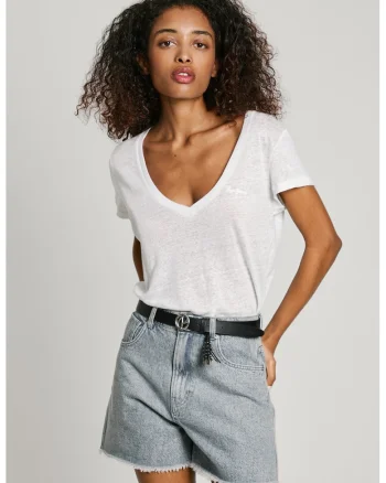 Tricou din bumbac si in cu decolteu in V Megan, Alb