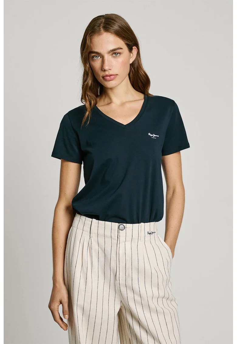 Tricou din bumbac cu decolteu in V, Albastru ultramarin