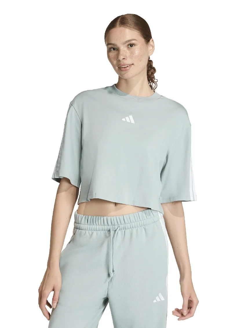 Tricou crop cu croiala lejera si logo, Alb/Verde pal
