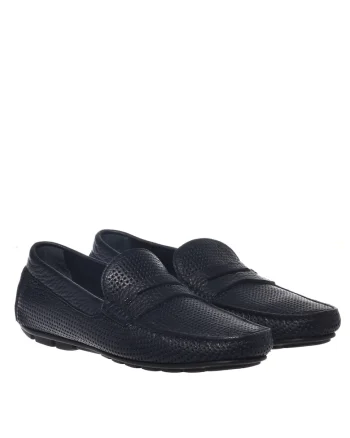 Pantofi loafer de piele ganulata cu perforatii, Albastru