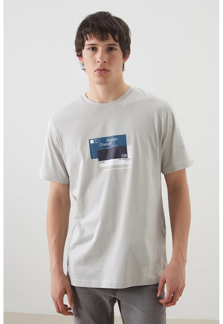 Tricou cu decolteu la baza gatului si imprimeu, Gri deschis/Albastru