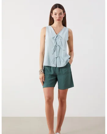 Bluza fara maneci din amestec de modal cu snururi frontale, Mint