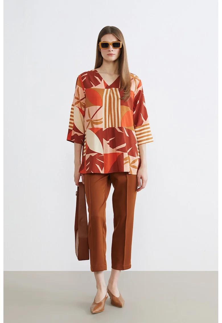 Bluza cu decolteu in V si model, Portocaliu