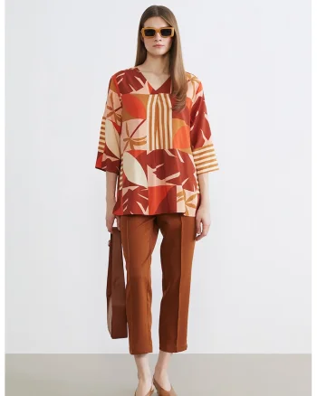 Bluza cu decolteu in V si model, Portocaliu
