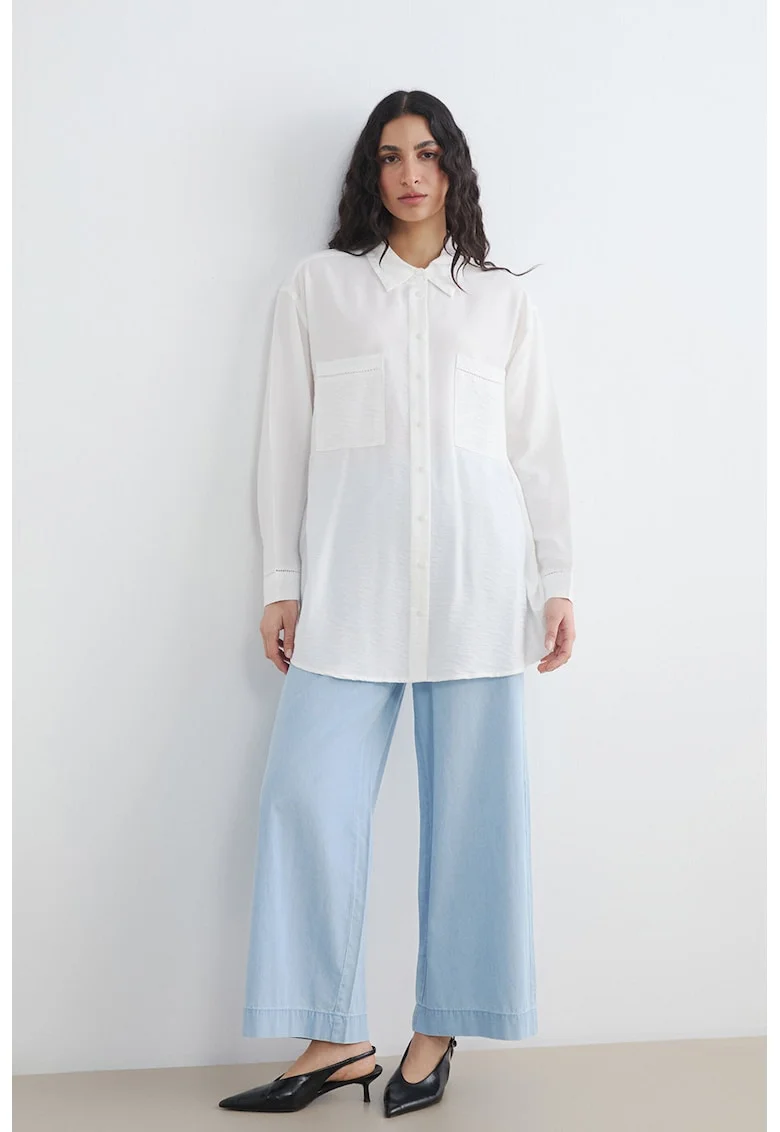 Pantaloni ampli din chambray cu talie elastica, Albastru deschis