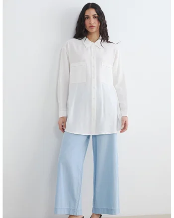 Pantaloni ampli din chambray cu talie elastica, Albastru deschis