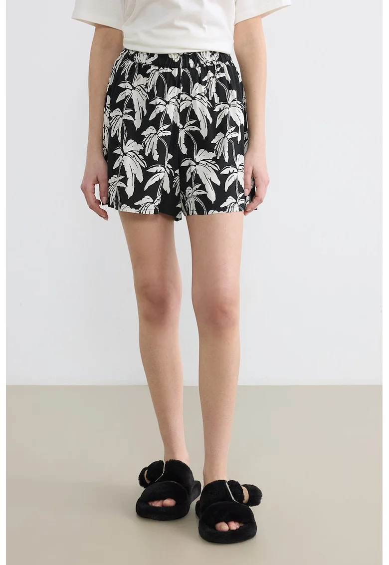 Pantaloni scurti cu model tropical si banda elastica in talie, Negru