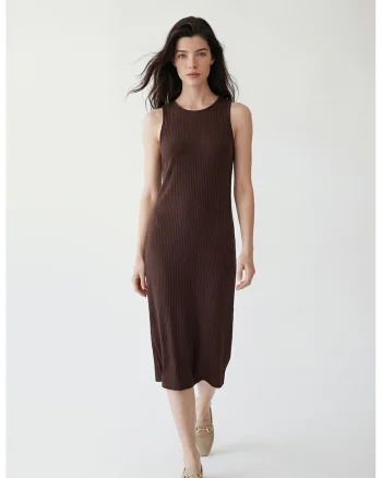 Rochie midi cu croiala dreapta si model uni, Maro inchis