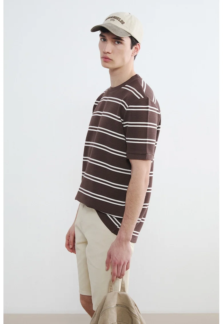 Tricou regular-fit cu dungi, Alb/Maro pamantiu