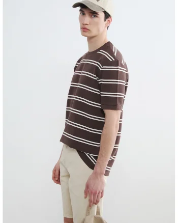 Tricou regular-fit cu dungi, Alb/Maro pamantiu
