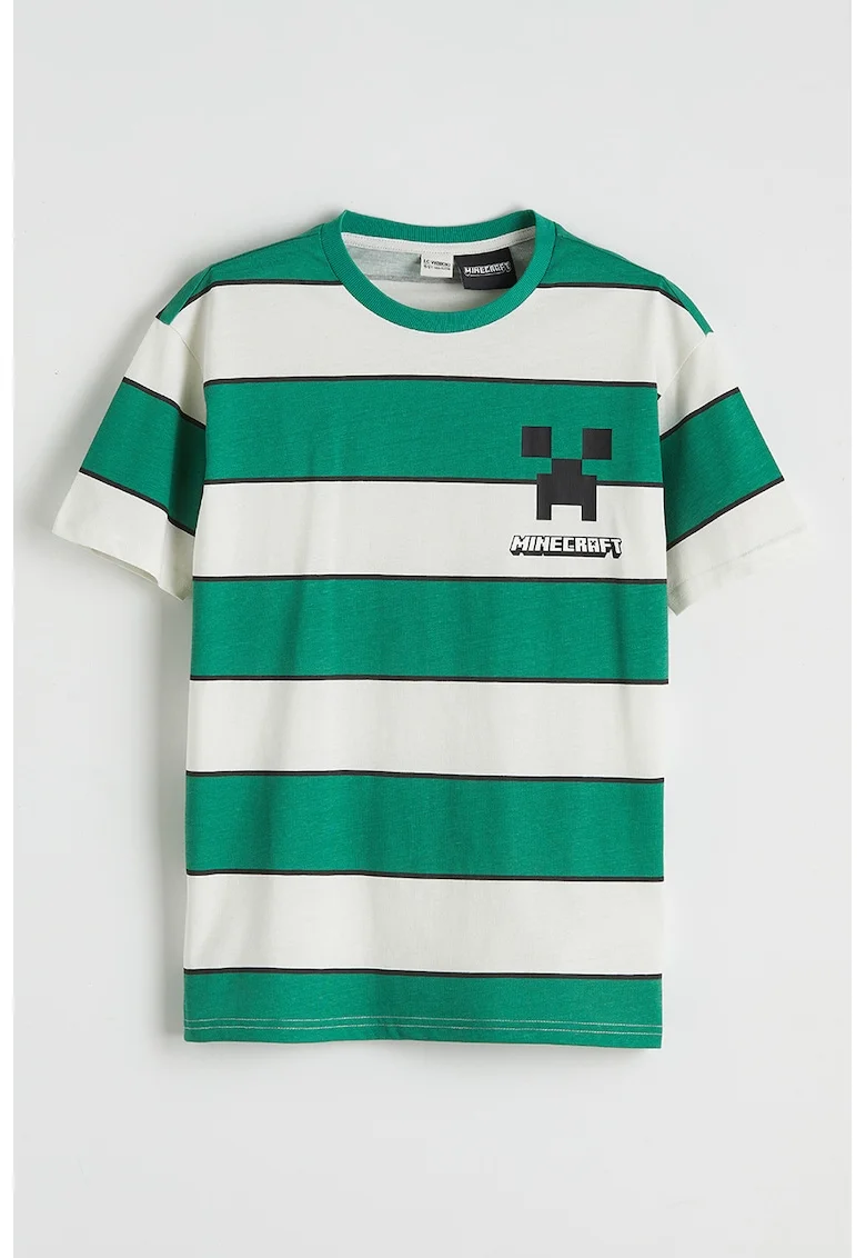 Tricou cu model tematic Minecraft si dungi, Alb/Verde/Negru