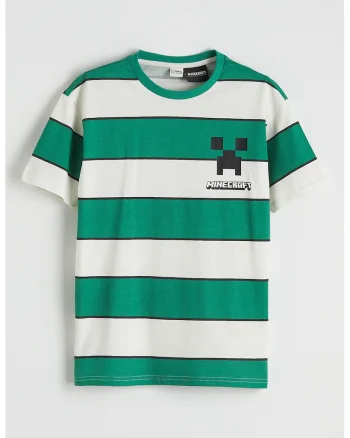 Tricou cu model tematic Minecraft si dungi, Alb/Verde/Negru