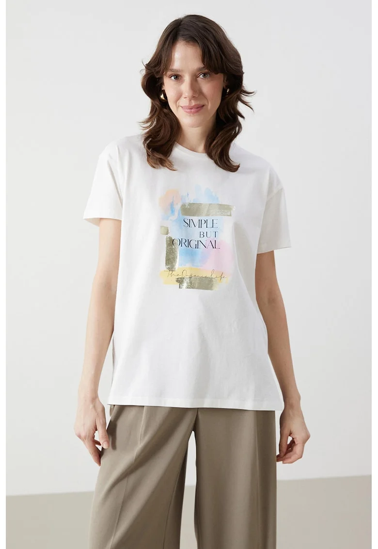 Tricou cu decolteu la baza gatului si imprimeu grafic, Alb