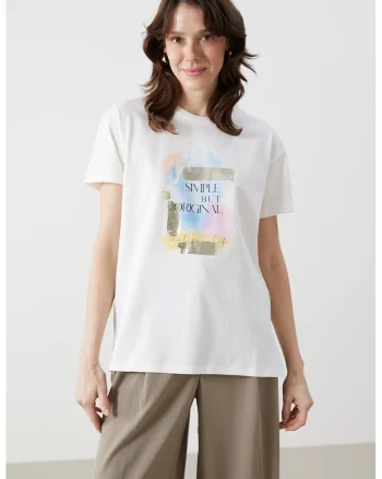 Tricou cu decolteu la baza gatului si imprimeu grafic, Alb
