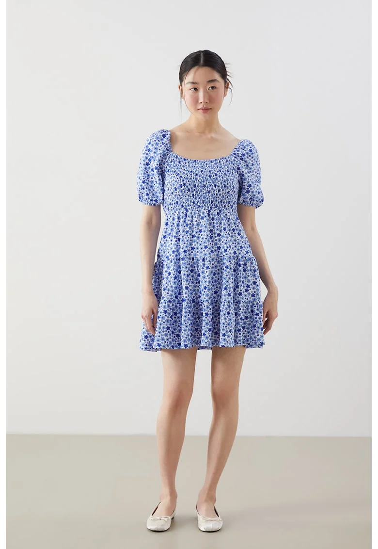 Rochie scurta cu model stratificat si imprimeu floral, Alb/Albastru royal
