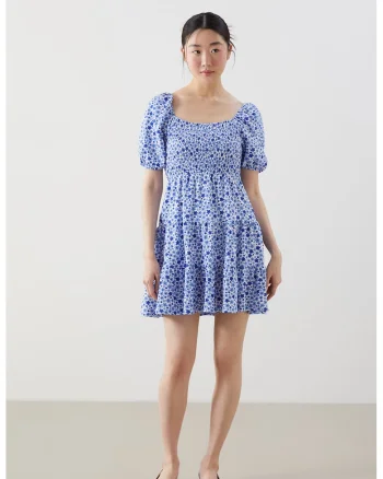 Rochie scurta cu model stratificat si imprimeu floral, Alb/Albastru royal