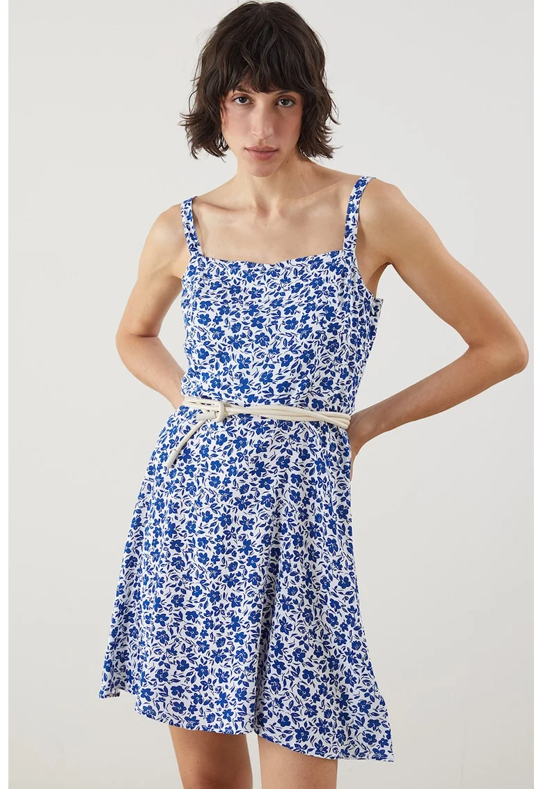 Rochie cu decolteu patrat si imprimeu floral, Alb/Albastru