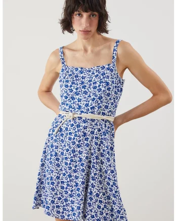 Rochie cu decolteu patrat si imprimeu floral, Alb/Albastru