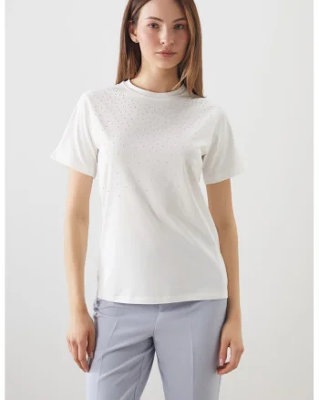 Tricou din bumbac cu aplicatii din strasuri, Alb