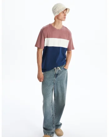 Tricou din bumbac cu dungi, Roz prafuit/Bleumarin