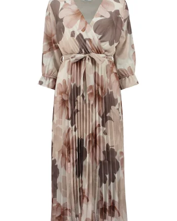 Rochie cu pliuri si decolteu cache-coeur, Bej deschis/Maro pamantiu