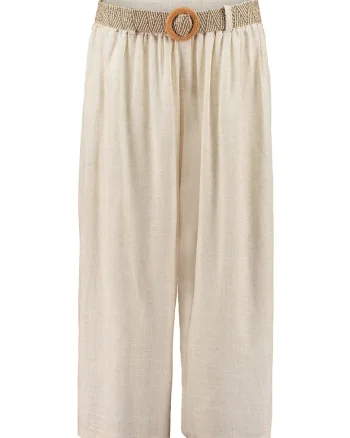 Pantaloni crop din amestec de in cu croiala ampla si curea in talie, Bej deschis