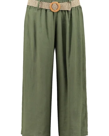 Pantaloni crop din amestec de in cu croiala ampla si curea in talie, Kaki