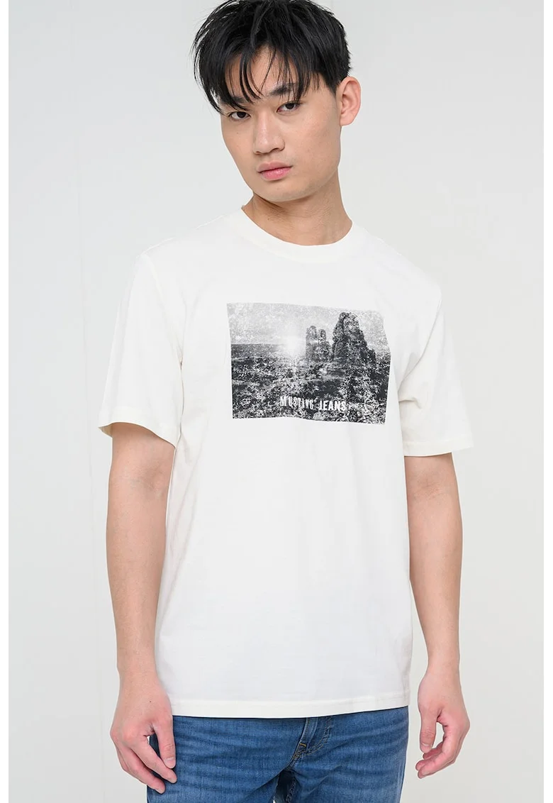 Tricou din bumbac cu imprimeu foto Austin, Alb fildes