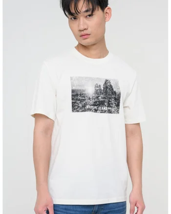 Tricou din bumbac cu imprimeu foto Austin, Alb fildes