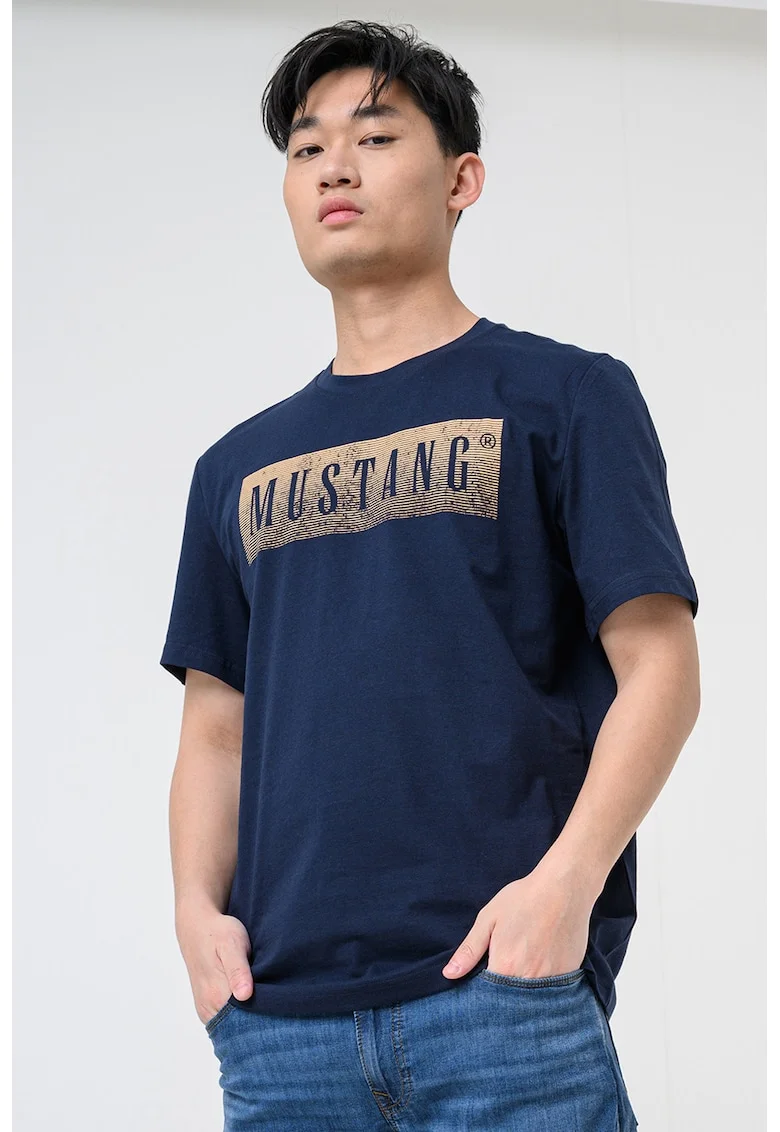 Tricou cu decolteu la baza gatului si imprimeu logo Austin, Albastru paun